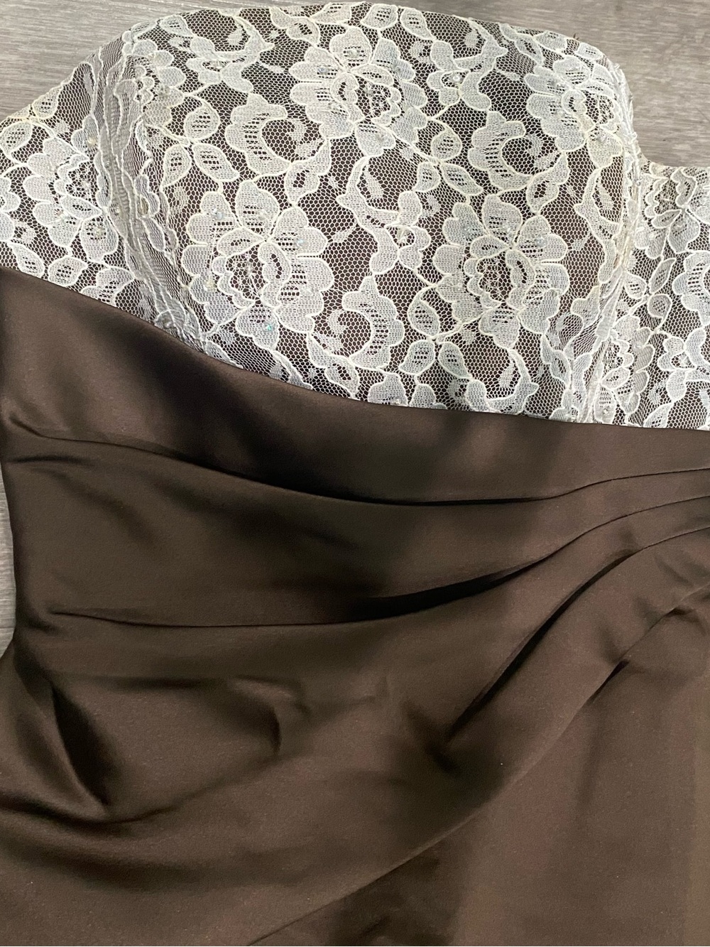 Strapless Brown Satin Prom Dress with White Lace Bodice